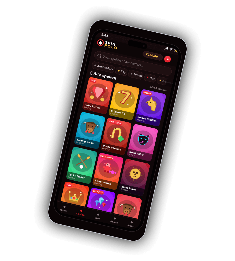 Spin Polo Casino spellenraster op mobiel met Ruby Riches, Crimson 7s en meer