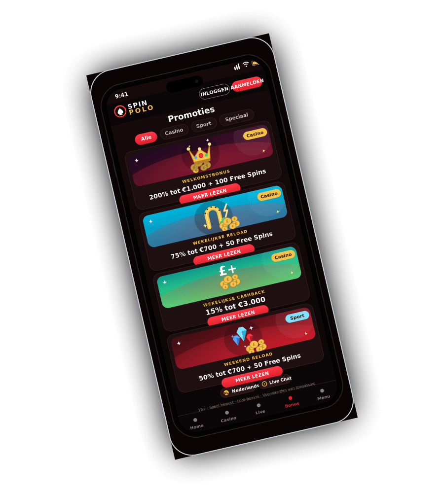 Spin Polo Casino promotieoverzicht op mobiel met welkomstladder, wekelijkse reload, cashback en free spins